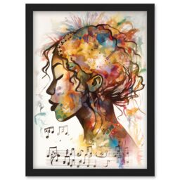 Artery8 Musical Meditation Synesthesia Woman Listening to Music Modern Watercolour Painting Artwork Framed Wall Art Print A4 in Black - thumbnail 1