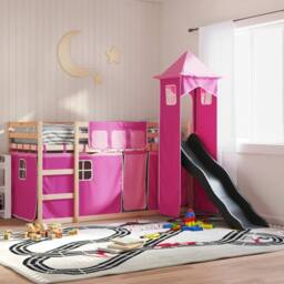 Berkfield Home Bunk Bed Frame with Slide & Curtains Pink 90x190 cm Single - thumbnail 2