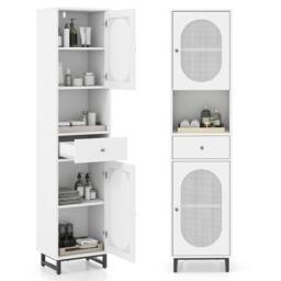 Gymax 170cm Bathroom Tall Cabinet Floor Cabinet With 2 PE Rattan Doors in White