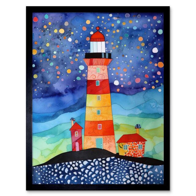 "Artery8 Wall Art Print Lighthouse On Starry Night Folk Art Watercolour Painting Art Framed in Black - Size: W12"" x H16""" - image 1