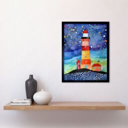 "Artery8 Wall Art Print Lighthouse On Starry Night Folk Art Watercolour Painting Art Framed in Black - Size: W12"" x H16""" - thumbnail 2