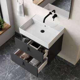 Banyetti Invicta 600mm Wall Hung Vanity with Veneto No Tap Hole Basin - Matt Black - thumbnail 2