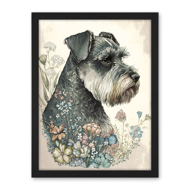 "Artery8 Wall Art Print Grey Schnauzer Dog & Spring Flowers Boho Portrait Watercolour Large Framed Wall Décor Art in White - Size: W18"" x H24""" - image 1