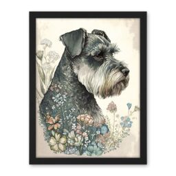 "Artery8 Wall Art Print Grey Schnauzer Dog & Spring Flowers Boho Portrait Watercolour Large Framed Wall Décor Art in White - Size: W18"" x H24""" - thumbnail 1