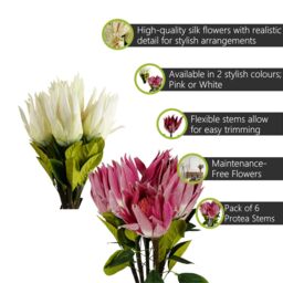 Pegdev Pack of 6 65cm Artificial Pink Protea Stems with Silk Petals - thumbnail 2