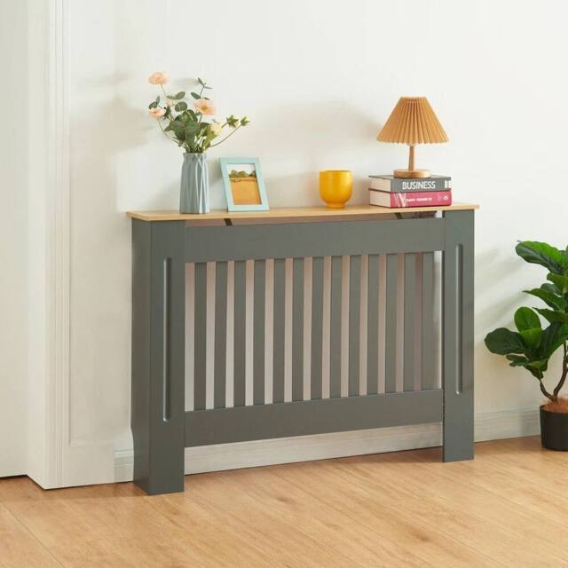 SPETLEK Modern Radiator Cover Wall Cabinet MDF Slats, Grey with Wood Top, XL - image 1