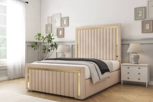 "Comfort Beds Boston Gold Naples Bed Frame - 50"" Upholstered Headboard in Light Sand - Size: Small Double" - image 1