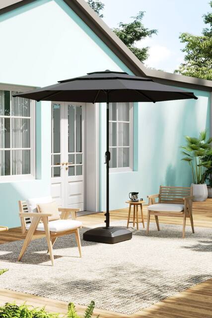 H&O Direct Outdoor Garden Muti-Tier Umbrella with Crank & Fillable Stand in Dark Grey