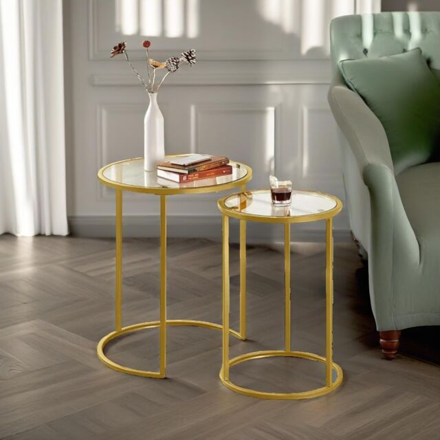 Rafaelo Mobilia Set Of 2 Round Gold Nesting Tables With Tempered Glass - image 1