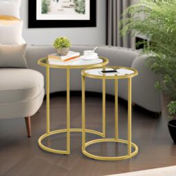 Rafaelo Mobilia Set Of 2 Round Gold Nesting Tables With Tempered Glass - thumbnail 2