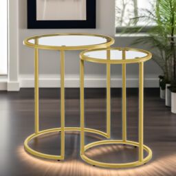 Rafaelo Mobilia Set Of 2 Round Gold Nesting Tables With Tempered Glass - thumbnail 3