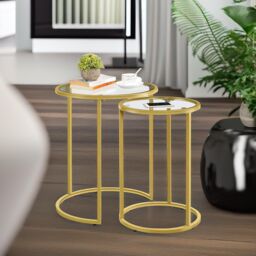 Rafaelo Mobilia Set Of 2 Round Gold Nesting Tables With Tempered Glass - thumbnail 4