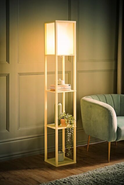 ValueLights Struttura Pastel Wooden Shelving Floor Lamp with Fabric Shade & Bulb in Yellow - image 1