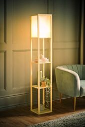 ValueLights Struttura Pastel Wooden Shelving Floor Lamp with Fabric Shade & Bulb in Yellow