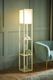 ValueLights Struttura Pastel Wooden Shelving Floor Lamp with Fabric Shade & Bulb in Yellow - thumbnail 2