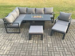 Fimous Aluminium Patio Outdoor Garden Furniture Corner Sofa Set Gas Fire Pit Dining Table with Chair 2 Big Footstools Dark Grey - thumbnail 2