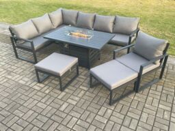 Fimous Aluminium Patio Outdoor Garden Furniture Corner Sofa Set Gas Fire Pit Dining Table with Chair 2 Big Footstools Dark Grey - thumbnail 1