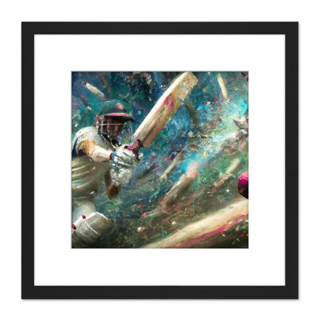 Artery8 Action Cricket Sports in Motion Batsman Splatter Oil Painting Square Wooden Framed Wall Art Print Picture 8X8 Inch in Black - image 1