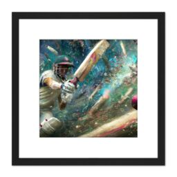 Artery8 Action Cricket Sports in Motion Batsman Splatter Oil Painting Square Wooden Framed Wall Art Print Picture 8X8 Inch in Black - thumbnail 1