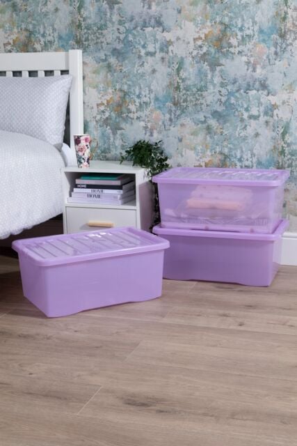Wham Crystal 3 x 45L Stackable Plastic Storage Boxes with Lids Tint Blue in Lavender - image 1