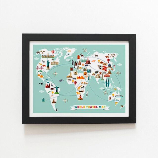 "Warren Reed - Designer Cartoon Animal World Map Framed Art Print in Black - Size: W8"" x H10""" - image 1