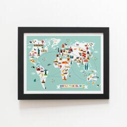 "Warren Reed - Designer Cartoon Animal World Map Framed Art Print in Black - Size: W8"" x H10""" - thumbnail 1