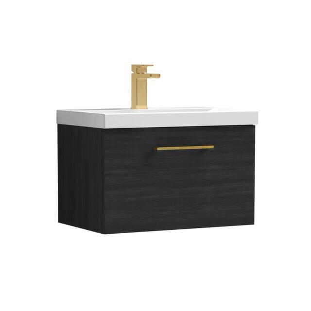Balterley 600mm Wall Hung 1 Drawer Vanity Unit, Woodgrain Black, Brass Handle in Black - image 1