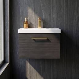 Balterley 600mm Wall Hung 1 Drawer Vanity Unit, Woodgrain Black, Brass Handle in Black - thumbnail 9