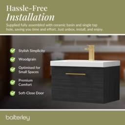 Balterley 600mm Wall Hung 1 Drawer Vanity Unit, Woodgrain Black, Brass Handle in Black - thumbnail 4