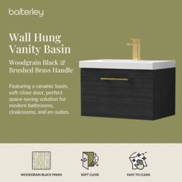 Balterley 600mm Wall Hung 1 Drawer Vanity Unit, Woodgrain Black, Brass Handle in Black - thumbnail 2