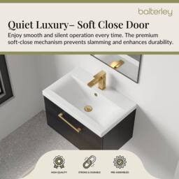 Balterley 600mm Wall Hung 1 Drawer Vanity Unit, Woodgrain Black, Brass Handle in Black - thumbnail 3
