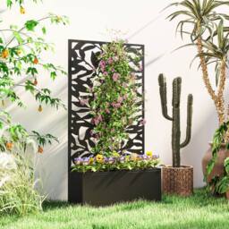 OUTSUNNY Metal Garden Bed with Trellis, Raised Planter with Privacy Panel in Black