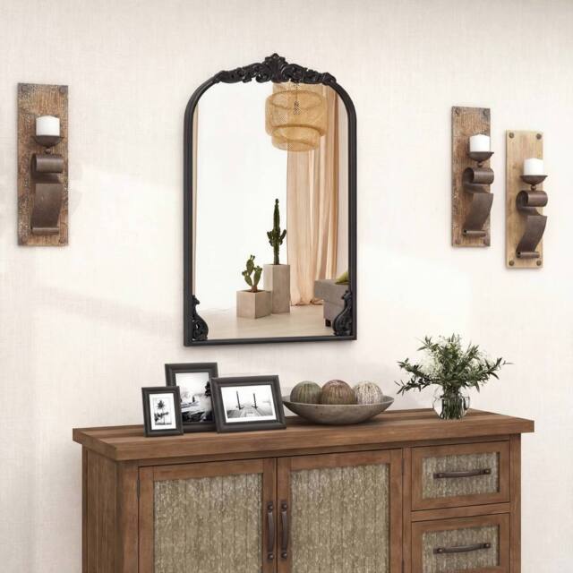 Costway Wall Mirror 76 cm x 51cm Arched Mirror w/ Baroque Ornate Frame in Black - image 1