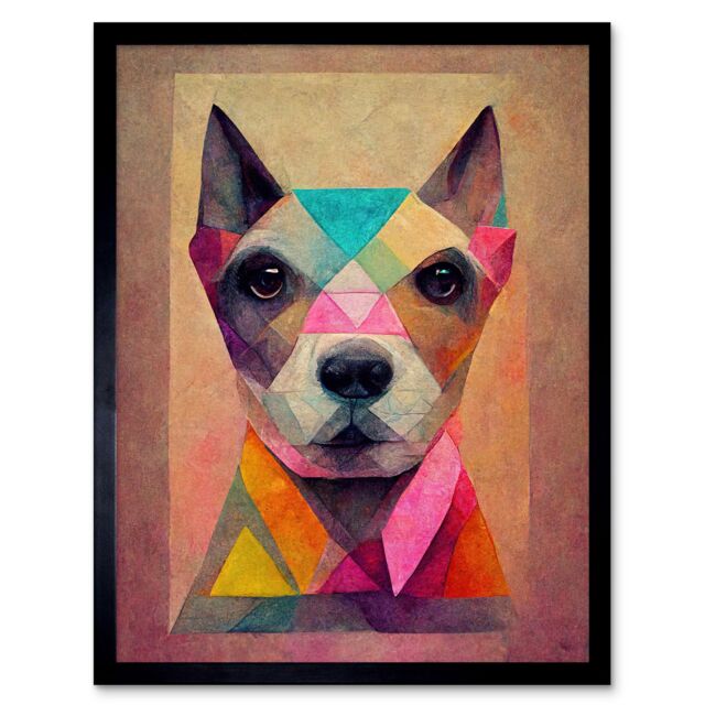 "Artery8 Wall Art Print Geometric Colourful Multicoloured Pastel Dog Painting Art Framed in Black - Size: W12"" x H16""" - image 1