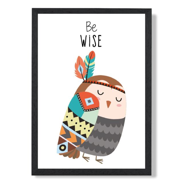 ARTZE Be Wise Owl Tribal Animal Quote Framed Print SIZE: A4 with Black Frame in Grey - Size: A3 - image 1