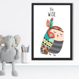 ARTZE Be Wise Owl Tribal Animal Quote Framed Print SIZE: A4 with Black Frame in Grey - Size: A3 - thumbnail 2