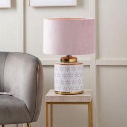 Ruma Lillac & Gold Leaf Ceramic Table Lamp with Blush Velvet Cylinder Shade in Pink