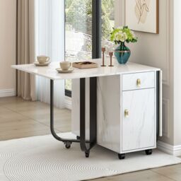 Matteo Space-Saving Folding Dining Table with Cupboard & 2 Drawers in White - thumbnail 4