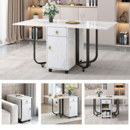 Matteo Space-Saving Folding Dining Table with Cupboard & 2 Drawers in White - thumbnail 2