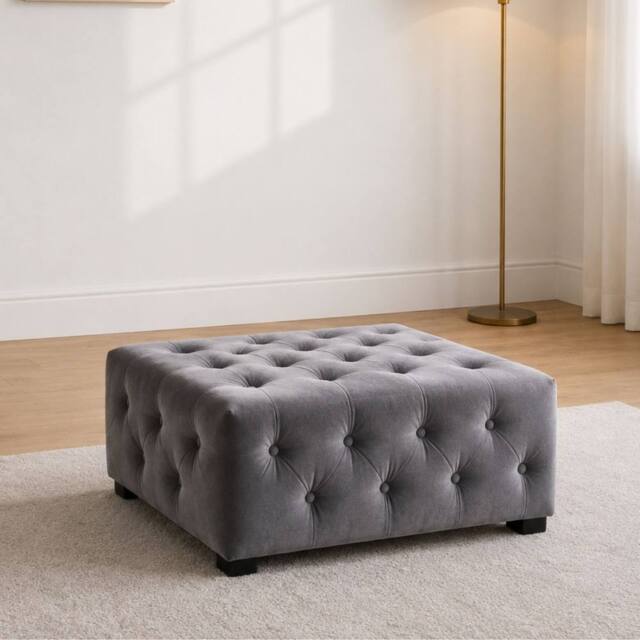 Sofaya Hampton Chesterfield Foot Stool Velvet, Deep Buttoned Coffee Table in Grey - Size: 60 cm x 60 cm - image 1