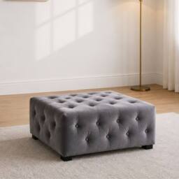 Sofaya Hampton Chesterfield Foot Stool Velvet, Deep Buttoned Coffee Table in Grey - Size: 60 cm x 60 cm - thumbnail 1
