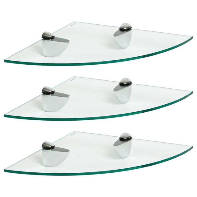 Harbour Housewares 3x Floating Glass Corner Shelves - 30cm Bathroom Storage Display Unit in Silver - image 1