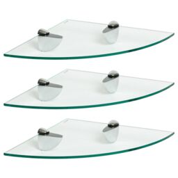 Harbour Housewares 3x Floating Glass Corner Shelves - 30cm Bathroom Storage Display Unit in Silver