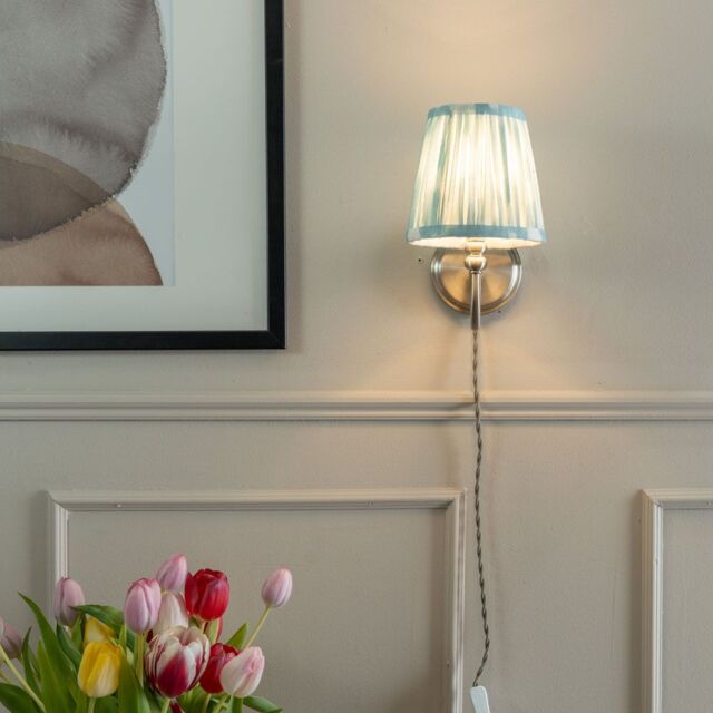 ValueLights Plug In Brushed Chrome Wall Light with Blue Pleated Fabric Tapered Lampshade - image 1