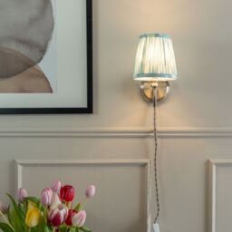 ValueLights Plug In Brushed Chrome Wall Light with Blue Pleated Fabric Tapered Lampshade - thumbnail 1