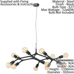 Loops Pendant Ceiling Light 12 Bulb Colour Black Arms & Lamp Holders Bulb E27 12x60W - thumbnail 2