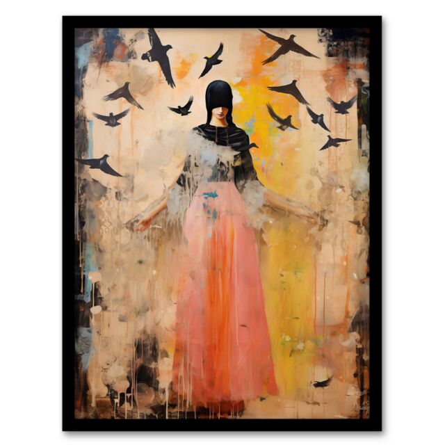 "Artery8 Wall Art Print The Bird Queen By Shannon Blacksmith Woman Portrait Raven Blackbirds Emo Art Framed in Black - Size: W12"" x H16""" - image 1