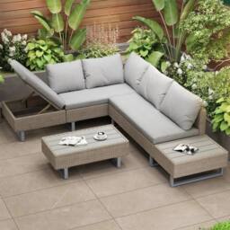 Direct Wicker Industrial Style Garden Rattan Corner Sofa Set with Coffee Table in Khaki - Size: 6 Person - thumbnail 6
