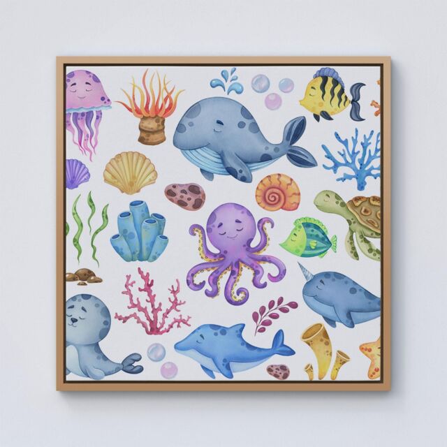 "Warren Reed - Designer Children'S Sea Life Framed Canvas in Light Brown - Size: W16"" x H16""" - image 1