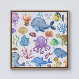 "Warren Reed - Designer Children'S Sea Life Framed Canvas in Light Brown - Size: W16"" x H16""" - thumbnail 1